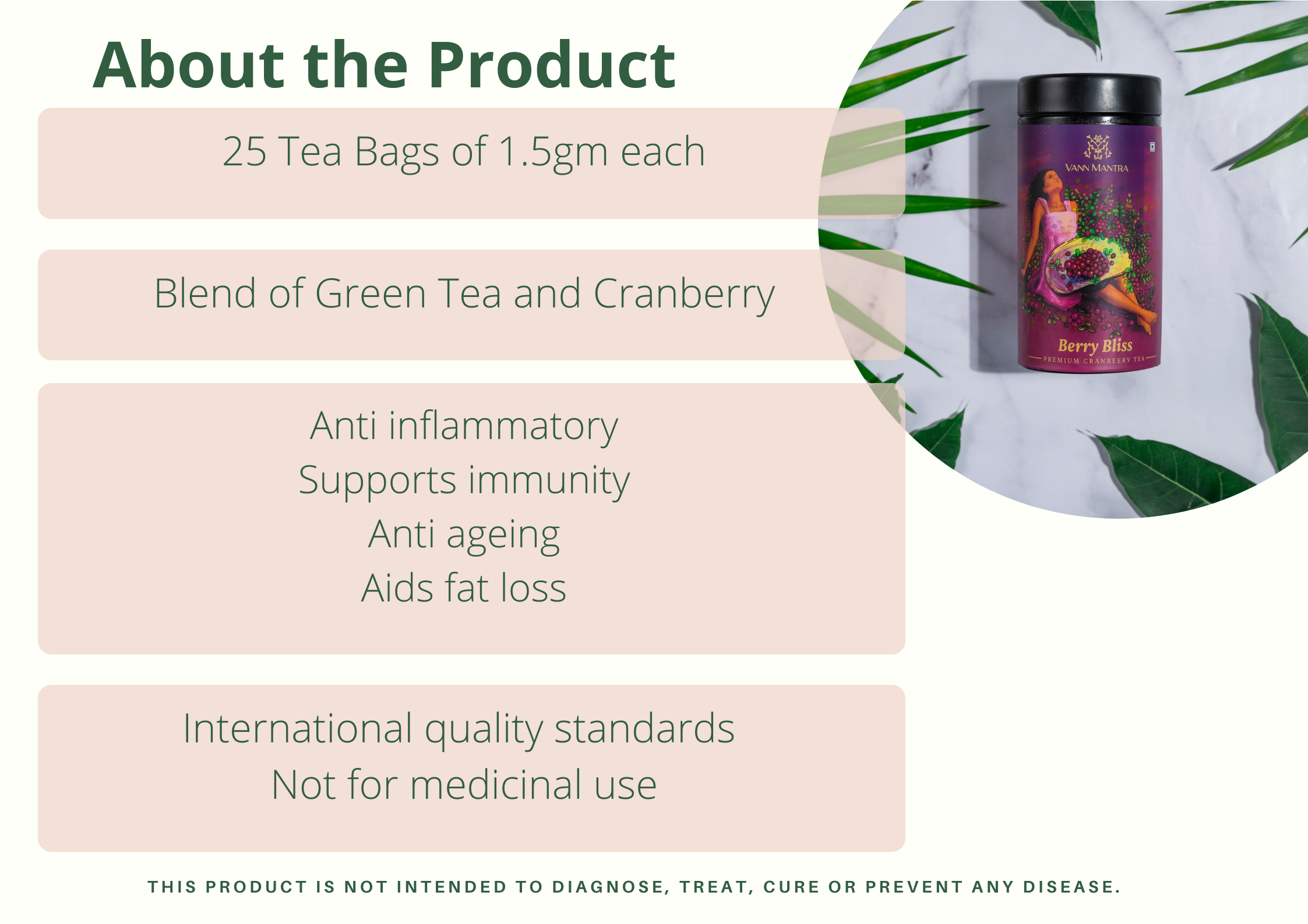 Infographic explaining the features and benefits of Berry Bliss Cranberry Tea 
