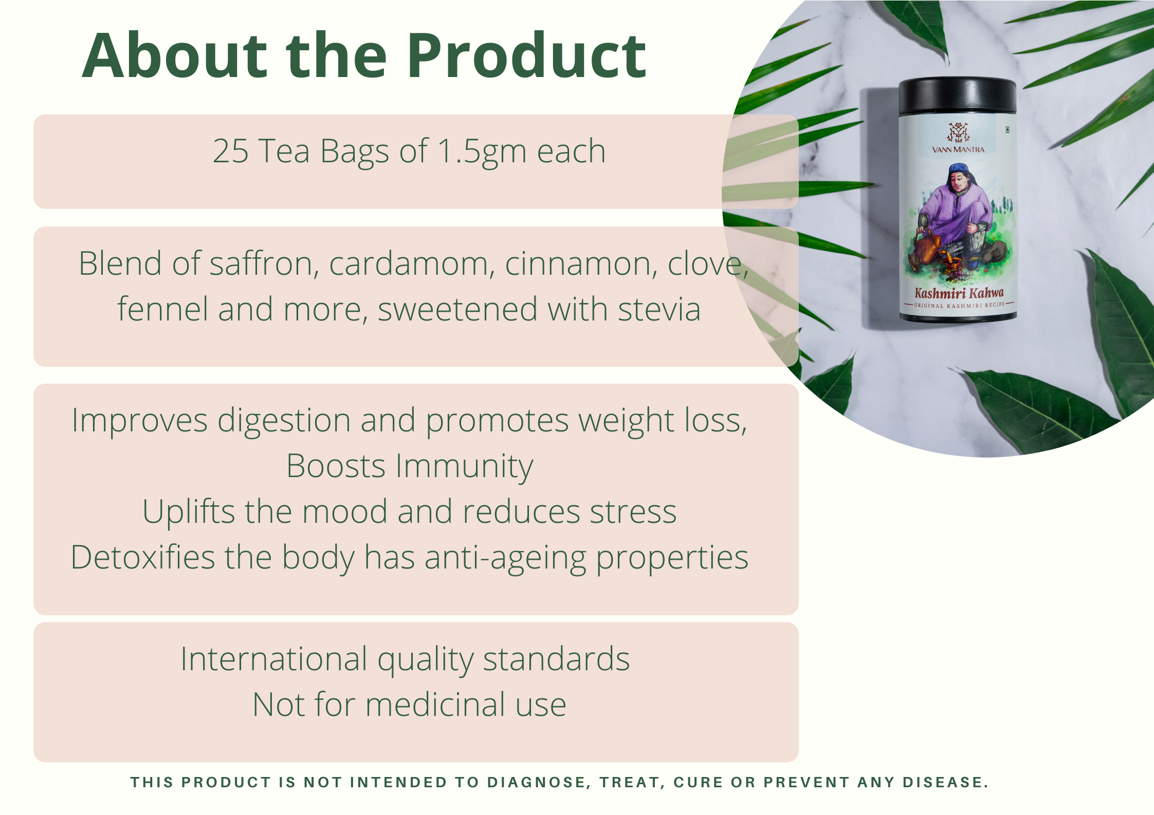 Infographic explaining the features and benefits of Kashmiri Kahwa Tea.