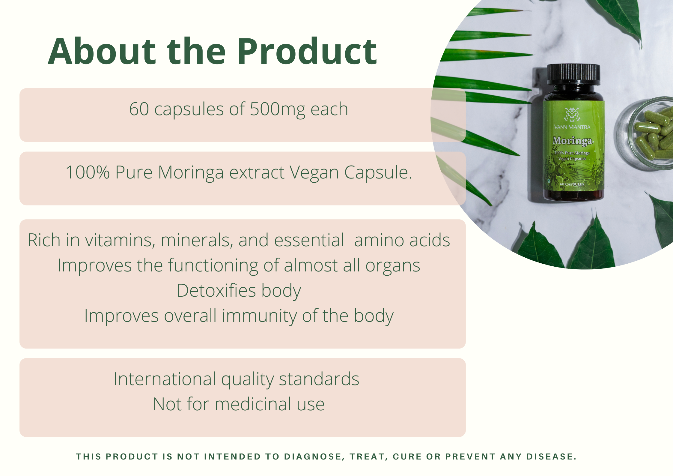 Infographic explaining the features and benefits of Moringa Capsules.