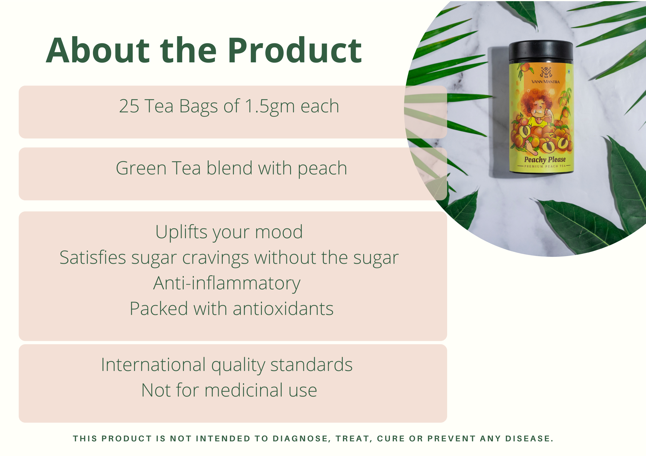 Infographic explaining the features and benefits Peachy Please- Premium Peach Tea