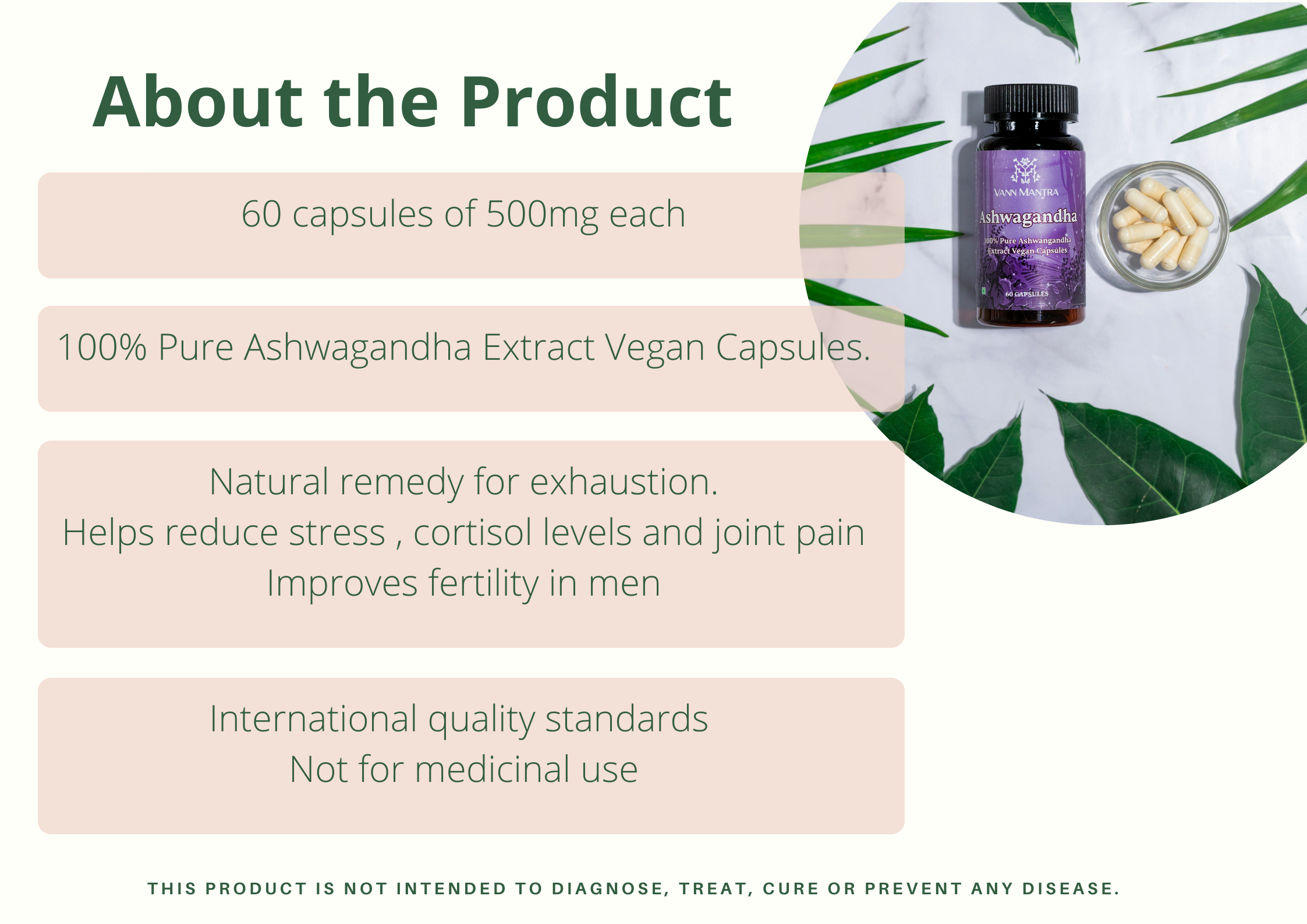 Infographic explaining the features and benefits of Ashwagandha Capsule. 