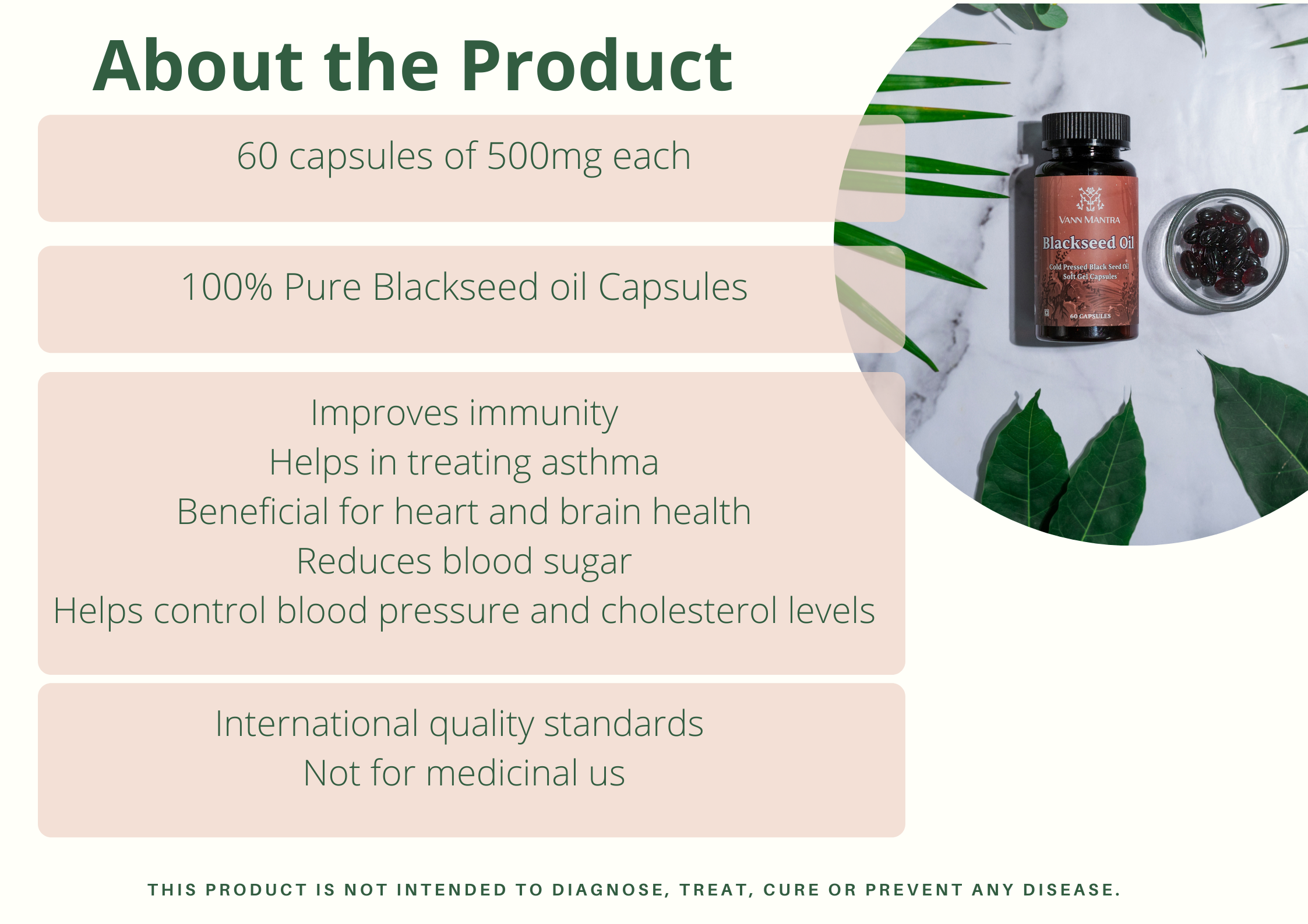 Infographic explaining the features and benefits of Blackseed Oil Capsule. 