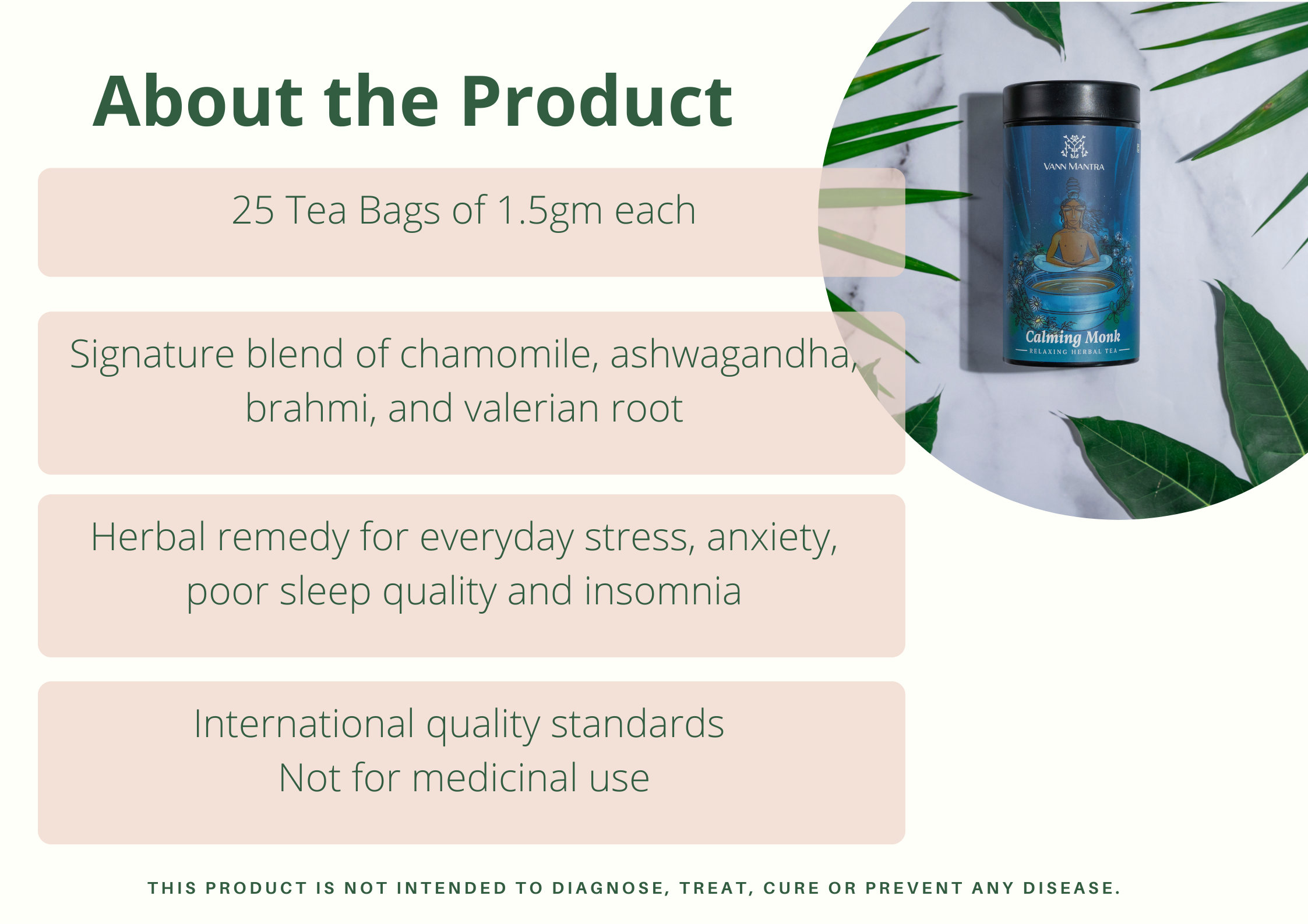 Infographic explaining the features and benefits of Calming Monk Tea. 