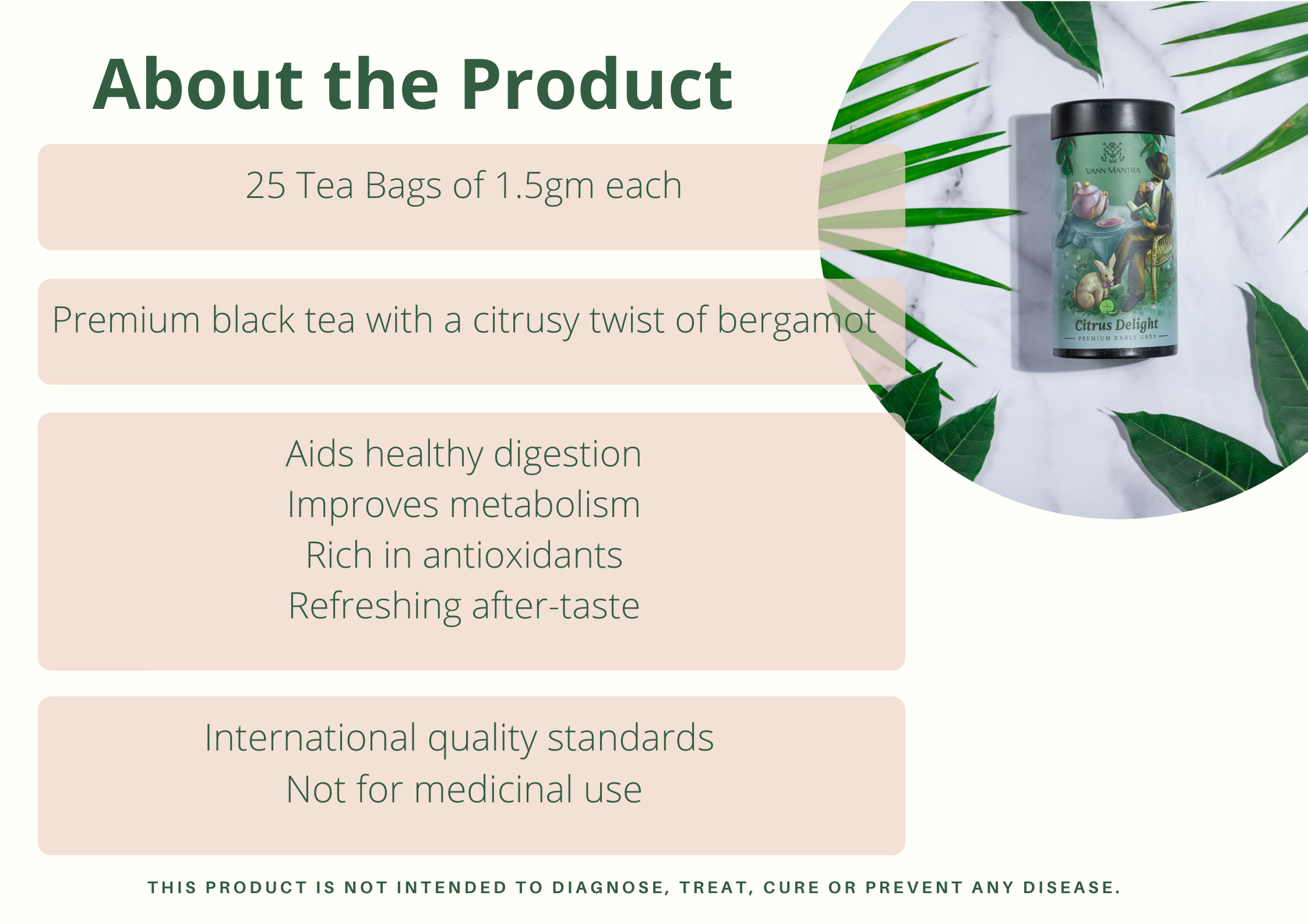 Infographic explaining the features and benefits of Citrus Delight- Premium Earl Grey Tea. 