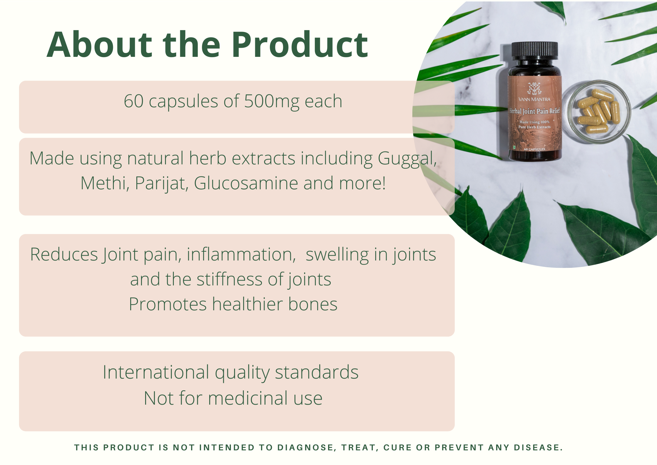 Infographic explaining the features and benefits of Herbal Joint Pain Relief Capsules.
