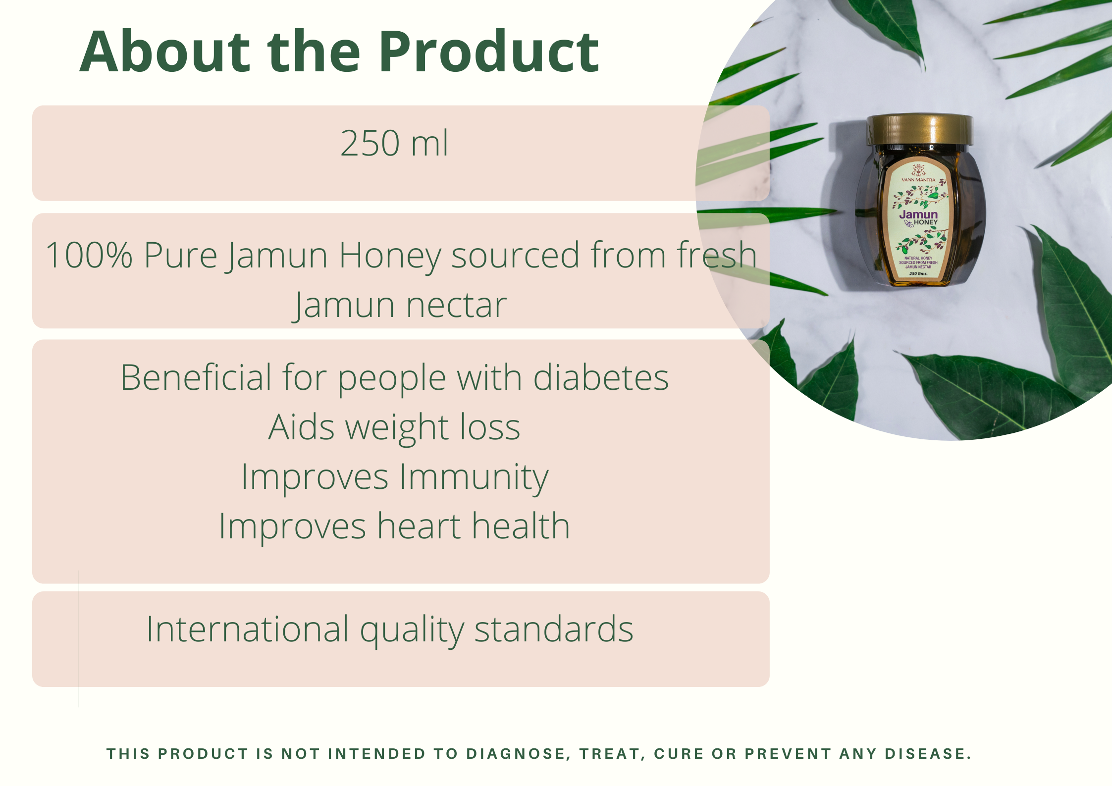 Infographic explaining the features and benefits of Jamun Honey.