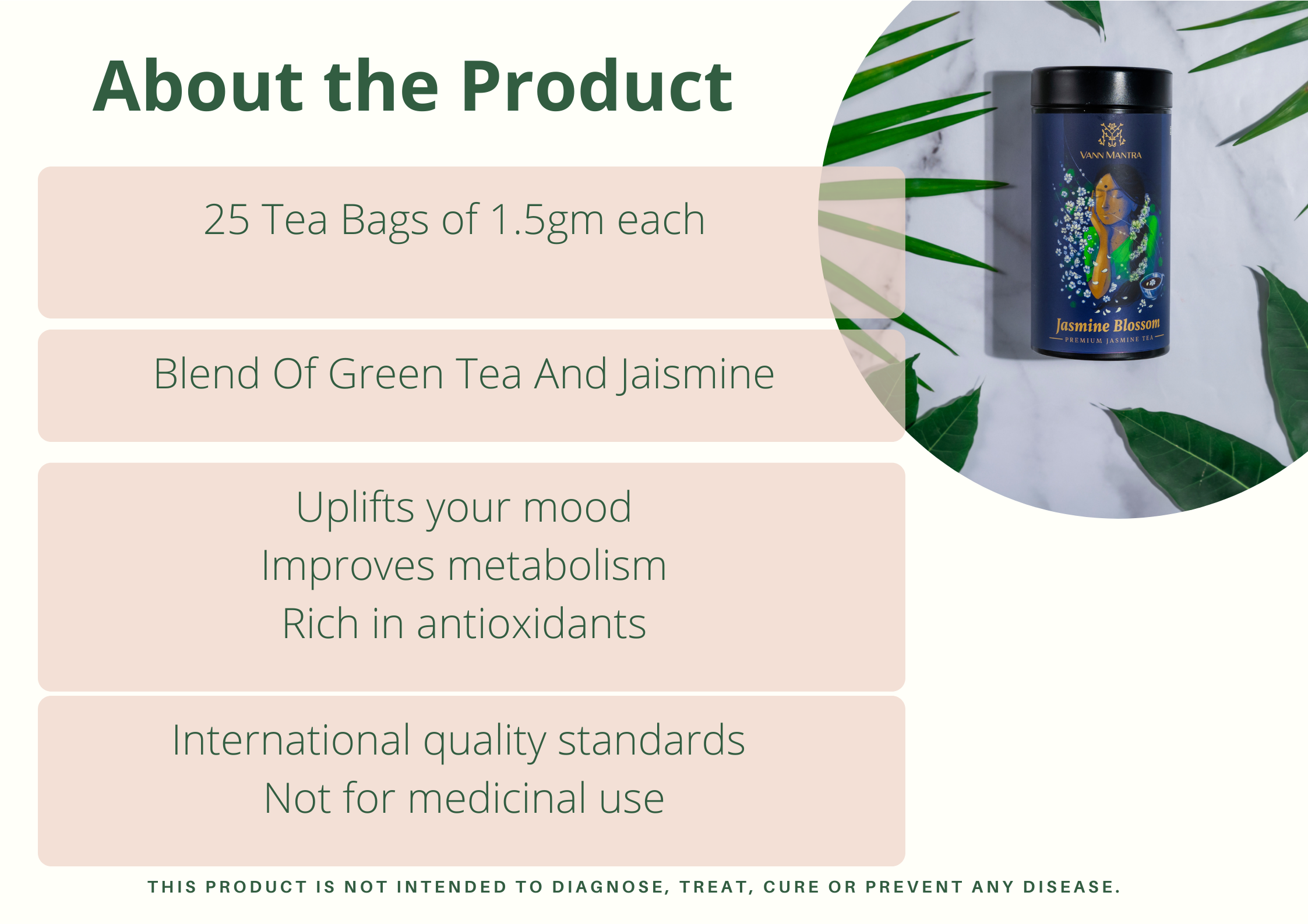 Infographic explaining the features and benefits of Jasmine Blossom- Premium Jasmine Tea.