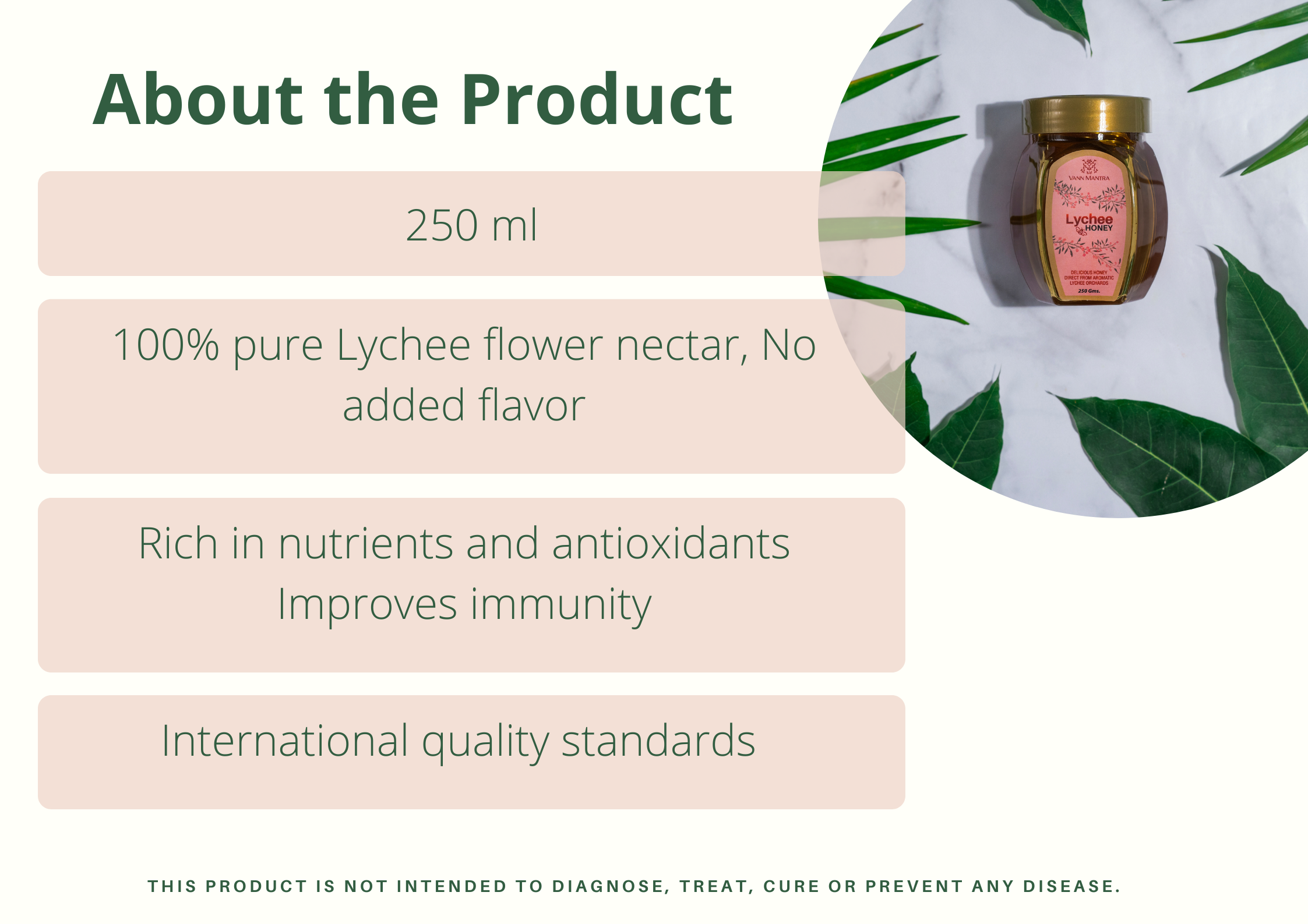 Infographic explaining the features and benefits Lychee Honey